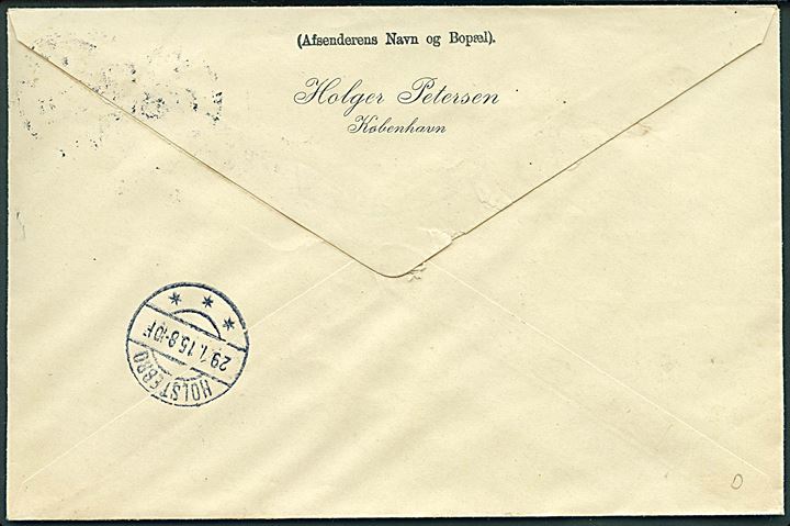 20 øre Chr. X med perfin HP på adressebrev for pakke fra firma Holger Petersen i Kjøbenhavn d. 28.1.1915 til Holstebro.