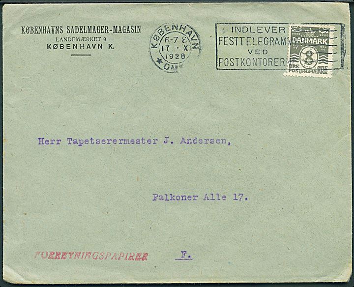 8 øre Bølgelinie med perfin K.S.M. på firmakuvert fra Københavns Sadelmager-Magasin sendt som lokal forretningspapirer i København d. 17.10.1928.