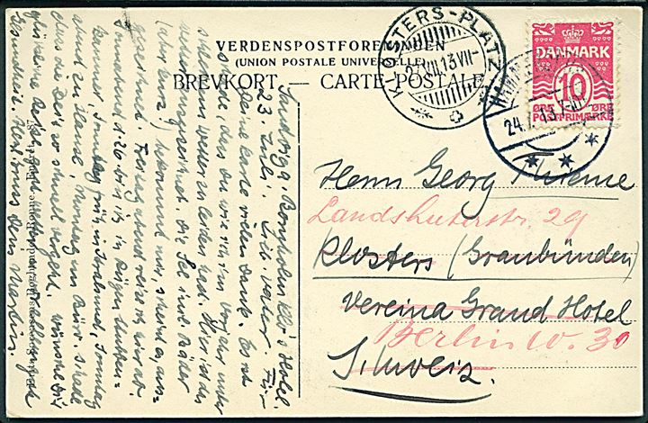 10 øre Bølgelinie på brevkort (Hammershus ruin) annulleret med brotype IIa Hammershus d. 24.7.1913 til Klosters, Schweiz - eftersendt til Berlin, Tyskland.