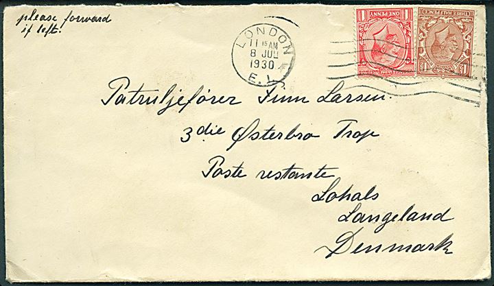 1d og 1½d George V på brev fra London d. 8.7.1930 til spejder, Patruljefører Finn Larsen, 3die Østerbro Trop, poste restante, Lohals, Langeland. Ank.stemplet brotype IIIc Lohals d. 10.7.1930.