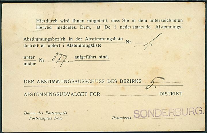 5 pfg. Fælles udg. på tryksagsbrevkort fra Stemmeudvalget i Sonderburg d. 29.1.1920. Liniestempel Sonderburg.