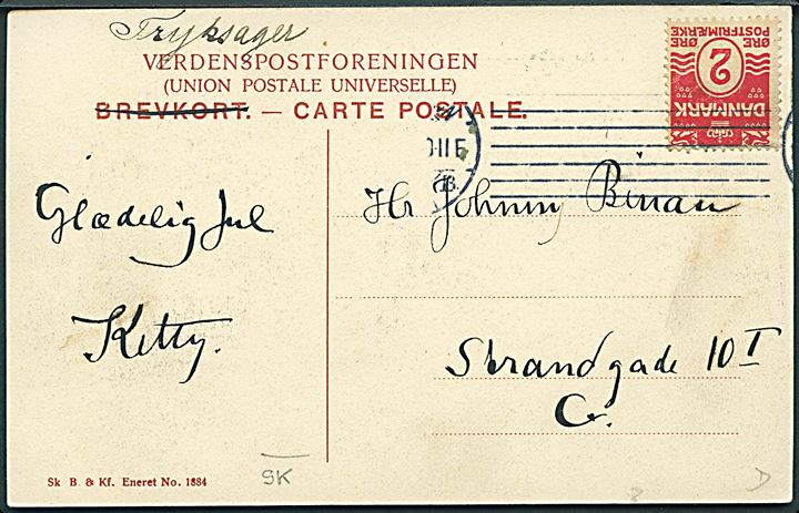 København. Fra Hovedbanegaarden. Sk. B. & Kf. no. 1884. Frankeret med 2 øre Bølgelinie og sendt som lokal tryksag i Kjøbenhavn.