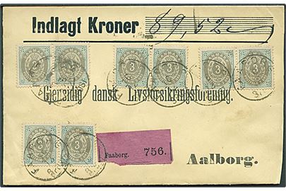 3 øre Tofarvet (8) 11. tryk (?) på 24 øre værdibrev annulleret med lapidar Bramminge d. 16.12. ca.1892 til Aalborg. Ulovlig frankering da frimærker på værdibreve skulle placeres med mindst et ½ mærkes mellemrum.