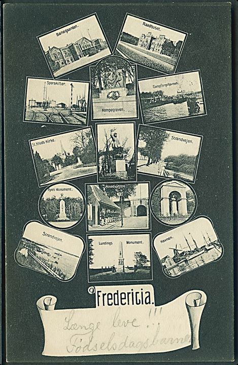 Fredericia med bla. Banegaarden, Raadhuset, Sporskifter, Havnen. H. C. Wenk no. 2371 - 2. 