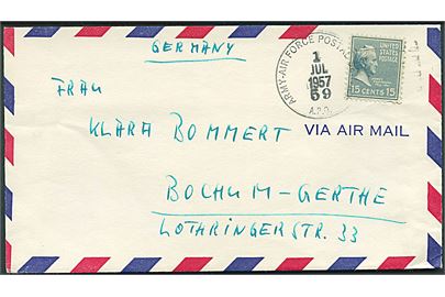Amerikansk 15 cents Buchanan på luftpostbrev fra G.R.C.H. (German Red Cross Hospital) stemplet Army-Air Force Postal Service A.P.O. 59 (= Pusan, Korea) d. 1.7.1957 til Bochum, Tyskland.