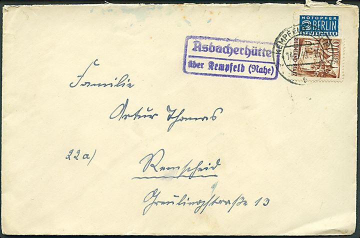 Rheinland-Pfalz 20 pfg. og 2 pfg. Berlin Notopfer på brev annulleret Kempfeld d. 14.3.1949 og sidestemplet Asbacherhütte über Kempfeld (Nahe).