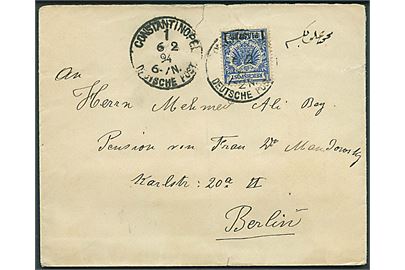 Tysk post i Levant. 1 Piaster/20 pfg. Provisorium på brev annulleret Constantinopel 1. Deutsche Post d. 6.2.1894 til Berlin, Tyskland.