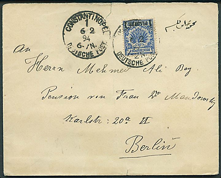 Tysk post i Levant. 1 Piaster/20 pfg. Provisorium på brev annulleret Constantinopel 1. Deutsche Post d. 6.2.1894 til Berlin, Tyskland.
