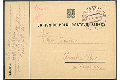 Ufrankeret fortrykt feltpostkort fra Sudeterkrisen stemplet Polni Posta 26 b (= Trest) d. 21.10.1938 til Horka. Rød censur påtegning.