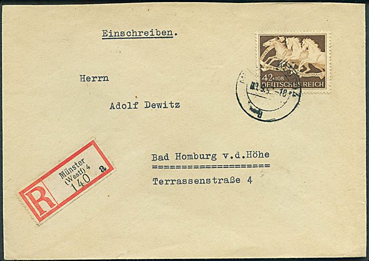 42+108 pfg. Das Braune Band udg. single på anbefalet brev fra Münster d. 9.9.1942 til Bad Homburg.