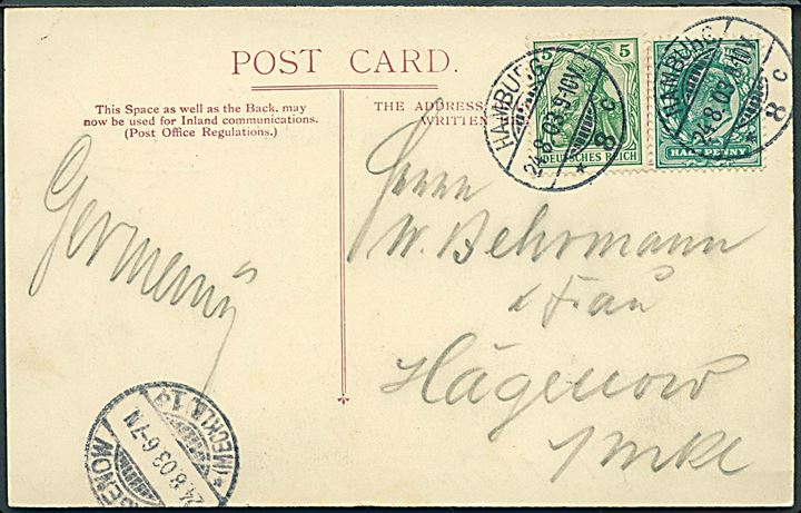 Engelsk ½d Edward VII og 5 pfg. Germania på brevkort (West End, Morecambe) stemplet Hamburg d. 24.8.1903 til Hagenow. 