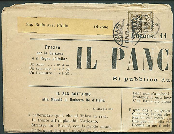 2 c. Våben single på komplet tidsskrift Il Pancacciere sendt som tryksag fra Lugano d. 13.6.1889 til Olivone. 