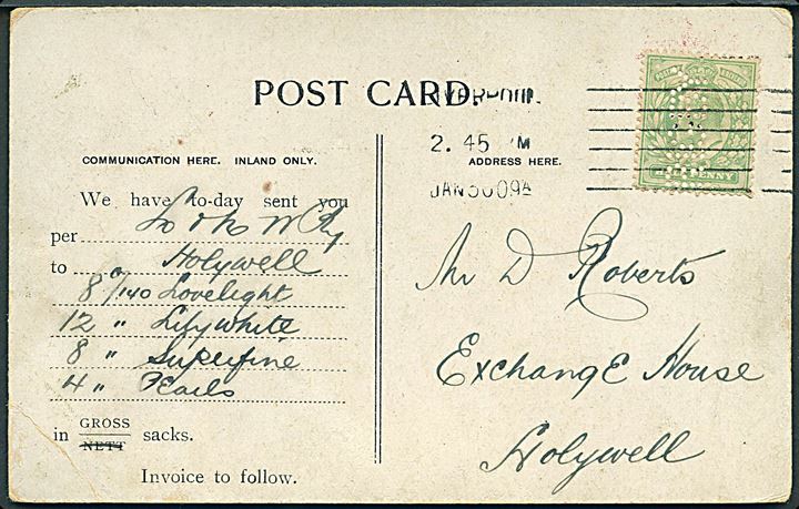 ½d Edward VII med perfin RIGBY på brevkort fra Liverpool d. 30.1.1909 til Holywell.
