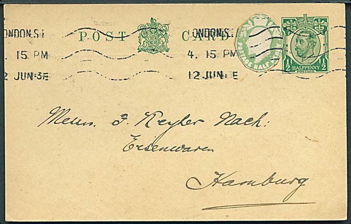 ½d George V helsagsbrevkort opfrankeret med ½d Edward VII helsagsafklip fra London d. 12.6.1913 til Hamburg, Tyskland.