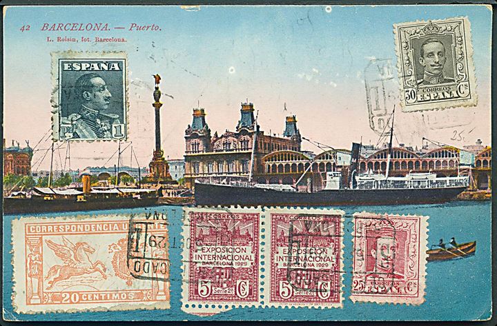 1,85 Pts. på billedside af brevkort (Havneparti fra Barcelona) sendt som anbefalet luftpost fra Barcelona d. 5.10.1929 til Angers, Frankrig.