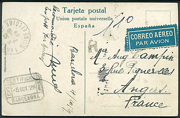 1,85 Pts. på billedside af brevkort (Havneparti fra Barcelona) sendt som anbefalet luftpost fra Barcelona d. 5.10.1929 til Angers, Frankrig.
