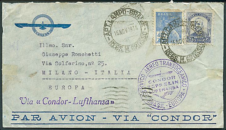 400 ries og 5000 reis på luftpostbrev fra Campo Grande d. 16.11.1938 til Milano, Italien. Violet stempel: Via Condor-Lufthansa og Servico Aereo Transoceanico / Condor Zeppelin Lufthansa / Brasil - Europa.