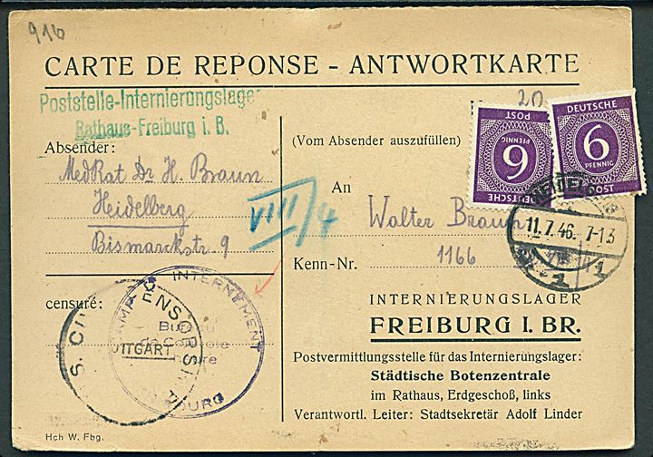 6 pfg. Ciffer (2) på Interneret post svarkort fra Heidelberg d. 11.7.1946 til indsat i Interneringslejr Freiburg. Allieret efterkrigscensur og lejrcensur. 