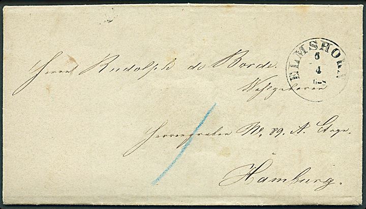 1848. Portobrev med fuldt indhold og antiqua Elmshorn d. 6.4.1850 til Hamburg. Påskrevet 1 med blåkridt.