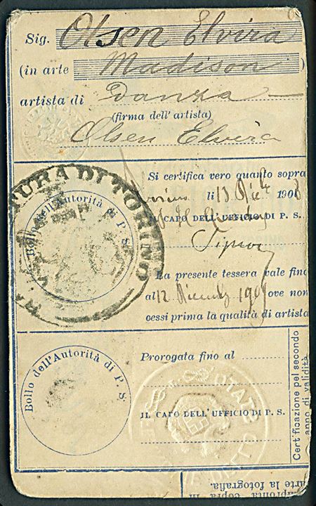 Ferrovie dello Stato (Italienske Statsbaner) Identitetskort med foto og fiskalmærke udstedt i Torino 1908 til dansk kvinde: Elvira Olsen. 