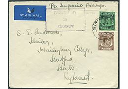 5 c. og 50 c. George VI på luftpostbrev påskrevet Per Imperial Airways fra Singapore d. 6.2.1940 til Haileybury Collage, Hertford, England. Lokal censur: Passed by Censor 15.