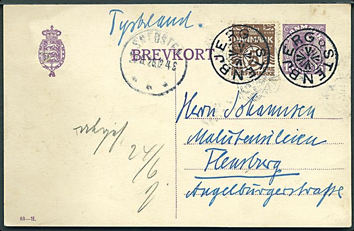 15 øre Chr. X helsagsbrevkort (fabr. 80-H) opfrankeret med 5 øre Bølgelinie annulleret med stjernestempel STENBJERG og sidestemplet Snedsted d. 30.6.1926 til Flensburg, Tyskland. 