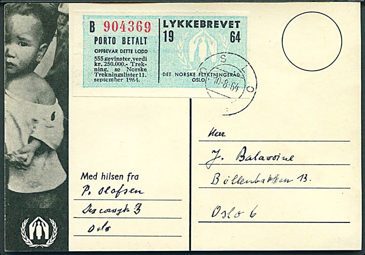 Lykkebrevet mærket på brevkort stemplet Oslo d. 10.8.1964. 