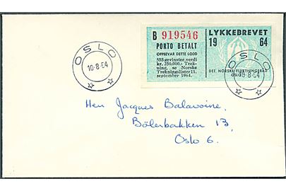 Lykkebrevet mærkat på lokalbrev i Oslo d. 10.8.1964.
