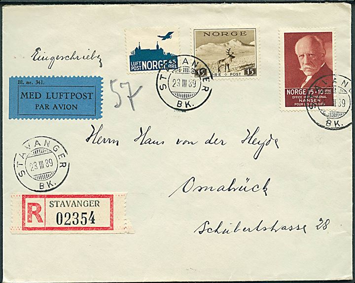 15 øre Turist udg., 45 øre Luftpost og 15+10 øre Nansen på anbefalet luftpostbrev fra Stavanger d. 23.3.1939 til Osnabrück, Tyskland.