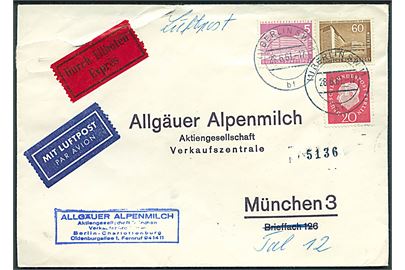 Berlin. 5 pfg. og 60 pfg. Bygning og 20 pfg. Heuss 85 pfg. frankeret indenrigs-luftpost ekspresbrev fra Berlin d. 28.6.1961 til München. Rift.