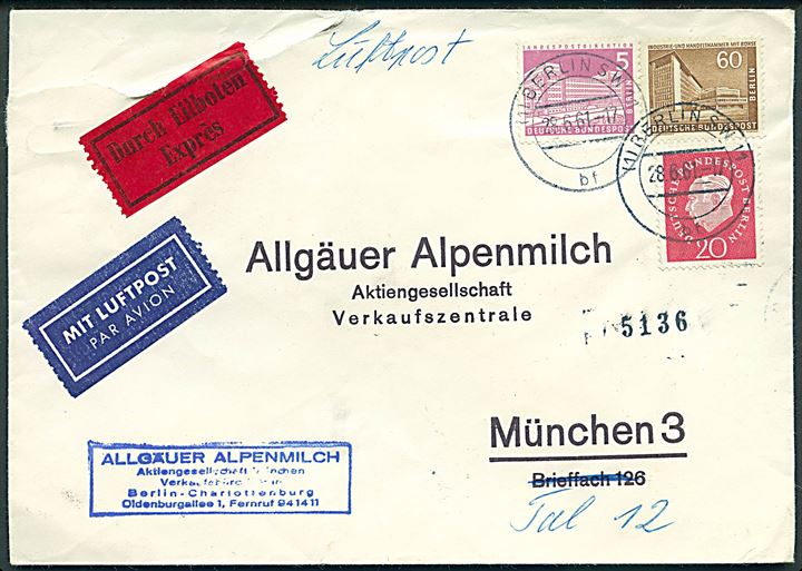 Berlin. 5 pfg. og 60 pfg. Bygning og 20 pfg. Heuss 85 pfg. frankeret indenrigs-luftpost ekspresbrev fra Berlin d. 28.6.1961 til München. Rift.