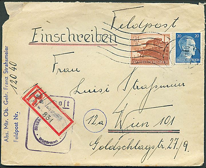 20 pfg. Hitler og 21+10 pfg. velgørenhed på anbefalet feltpostbrev annulleret med stumt stempel d. x.5.1944 til Wien. Sendt fra Mtr. Ob. Gefr. ved feldpost nr. 12040 (= Hafenkommandant Amsterdam, Holland). 