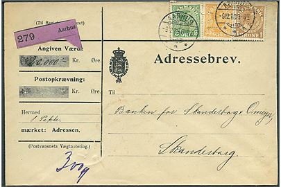 5 øre (rift), 35 øre og 1 kr. Chr. X med perfin A.P. på 140 øre frankeret adressebrev for værdipakke fra Aarhus Privatbank stemplet Aarhus d. 9.12.1918 til Skanderborg.