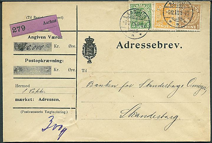 5 øre (rift), 35 øre og 1 kr. Chr. X med perfin A.P. på 140 øre frankeret adressebrev for værdipakke fra Aarhus Privatbank stemplet Aarhus d. 9.12.1918 til Skanderborg.