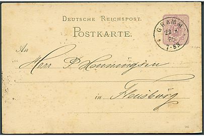 5 pfg. helsagsbrevkort annulleret med enringsstempel Gramm ** d. 22.8.1885 til Flensburg.