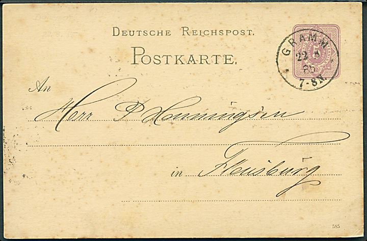5 pfg. helsagsbrevkort annulleret med enringsstempel Gramm ** d. 22.8.1885 til Flensburg.