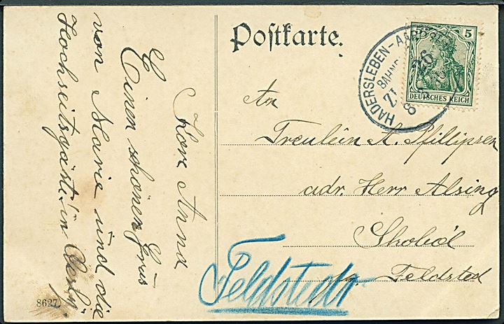 5 pfg. Germania på brevkort (Parti fra Oesby) annulleret med bureaustempel Hadersleben - Aarösund Bahnpost Zug 26 d. 8.3.1910 til Feldstedt.
