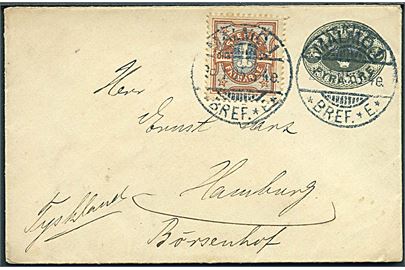 4 öre helsags tryksagskuvert opfrankeret med 1 öre Ciffer fra Malmö d. 20.1.1905 til Hamburg, Tyskland.