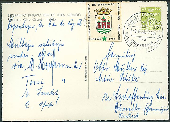12 øre Bølgelinie og Esperanto mærkat på brevkort annulleret med særstempel fra Esperantokongres i København d. 9.8.1956 til Aschaffenburg, Tyskland.