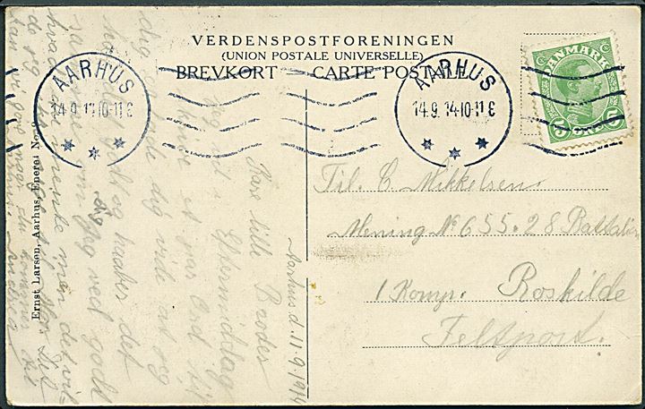 5 øre Chr. X på brevkort fra Aarhus d. 14.9.1914 til indkaldt soldat ved sikringsstyrken i 28. Battalion, Roskilde, Feltpost. 
