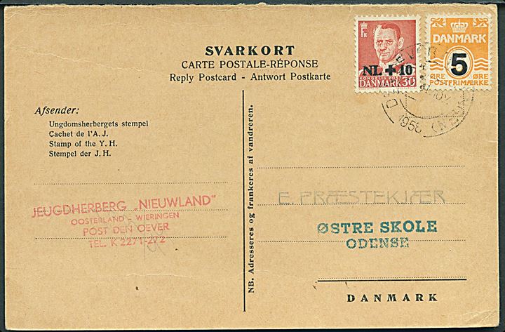 5/6 øre Provisorium og 10+30 øre Hollandshjælpen på internationalt svarbrevkort annulleret med hollandsk stempel i Den Oever d. 7.2.1958 til Odense, Danmark.