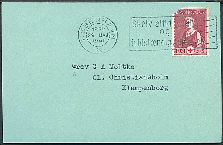5+3 øre Røde Kors (defekt) på tryksag fra Dansk Røde Kors vedr. hjælpepakke fra København d. 29.5.1941 til Klampenborg. 