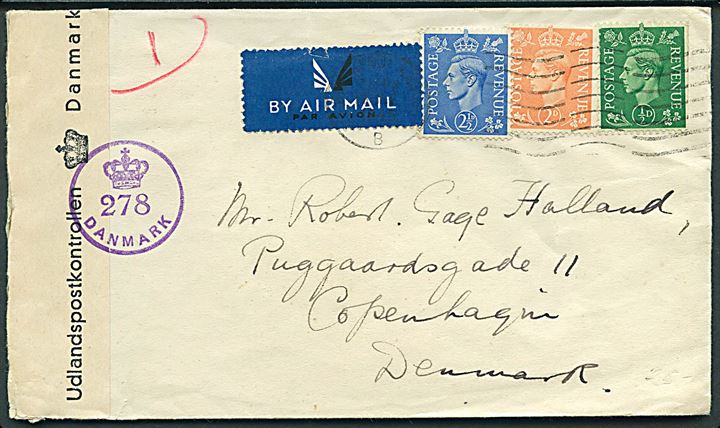 ½d, 2d og 2½d George VI på luftpostbrev fra Blackpool 1945 til København, Danmark. Åbnet af dansk efterkrigscensur (krone)/278/Danmark.