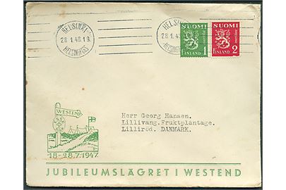 1 mk. og 2 mk. Løve på illustreret spejder kuvert fra Jubilæumslägret i Wesdtend fra Helsinki d. 28.1.1948 til Lillerød, Danmark.