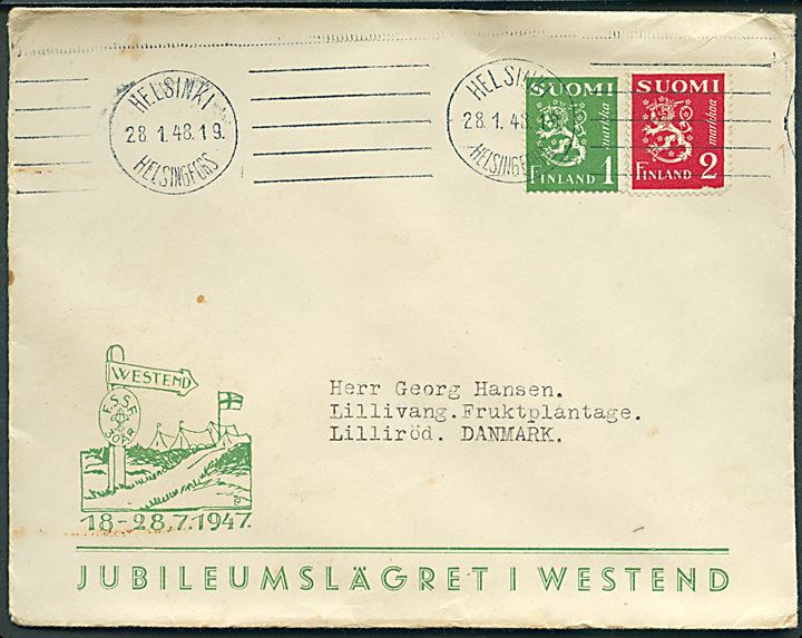 1 mk. og 2 mk. Løve på illustreret spejder kuvert fra Jubilæumslägret i Wesdtend fra Helsinki d. 28.1.1948 til Lillerød, Danmark.