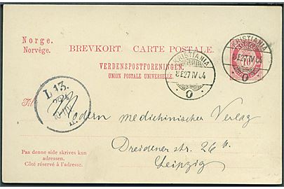 10 øre helsagsbrevkort stemplet Kristiania O d. 27.4.1904 til Leipzig, Tyskland.