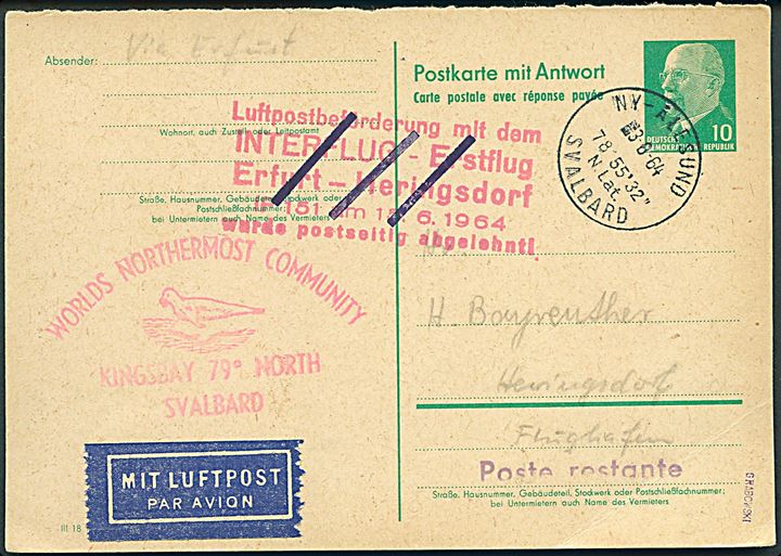 DDR 10 pfg. svardel af dobbelt helsagsbrevkort annulleret i Ny-Ålesund Svalbard d. 3.6.1964 til Heringsdorf.