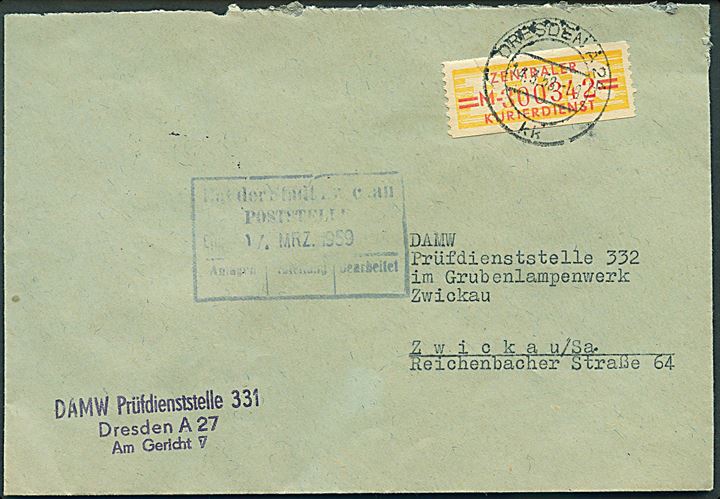 Zentraler Kurierdienst mærke på tjenestebrev fra Dresden d. 14.3.1952 til Zwickau.