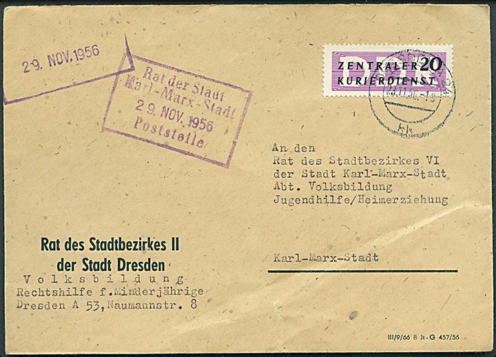 Zentraler Kurierdienst mærke på tjenestebrev fra Dresden d. 23.11.1956 til Karl-Marx-Stadt.