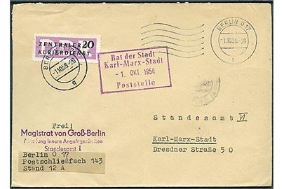 Zentraler Kurierdienst mærke på tjenestebrev fra Berlin d. 1.10.1956 til Karl-Marx-Stadt.